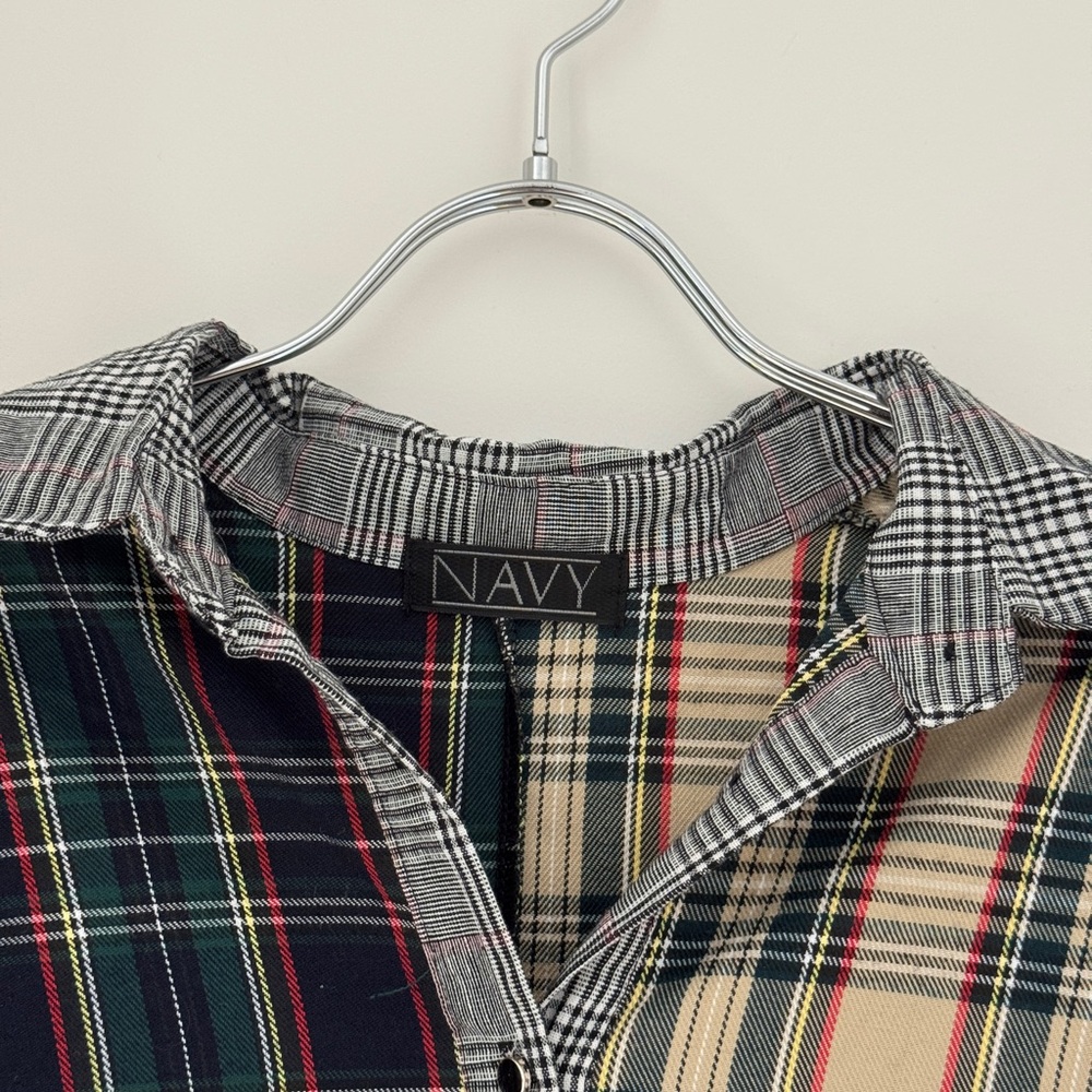 Navy Multicolor Plaid Patchwork Shirt - image 2